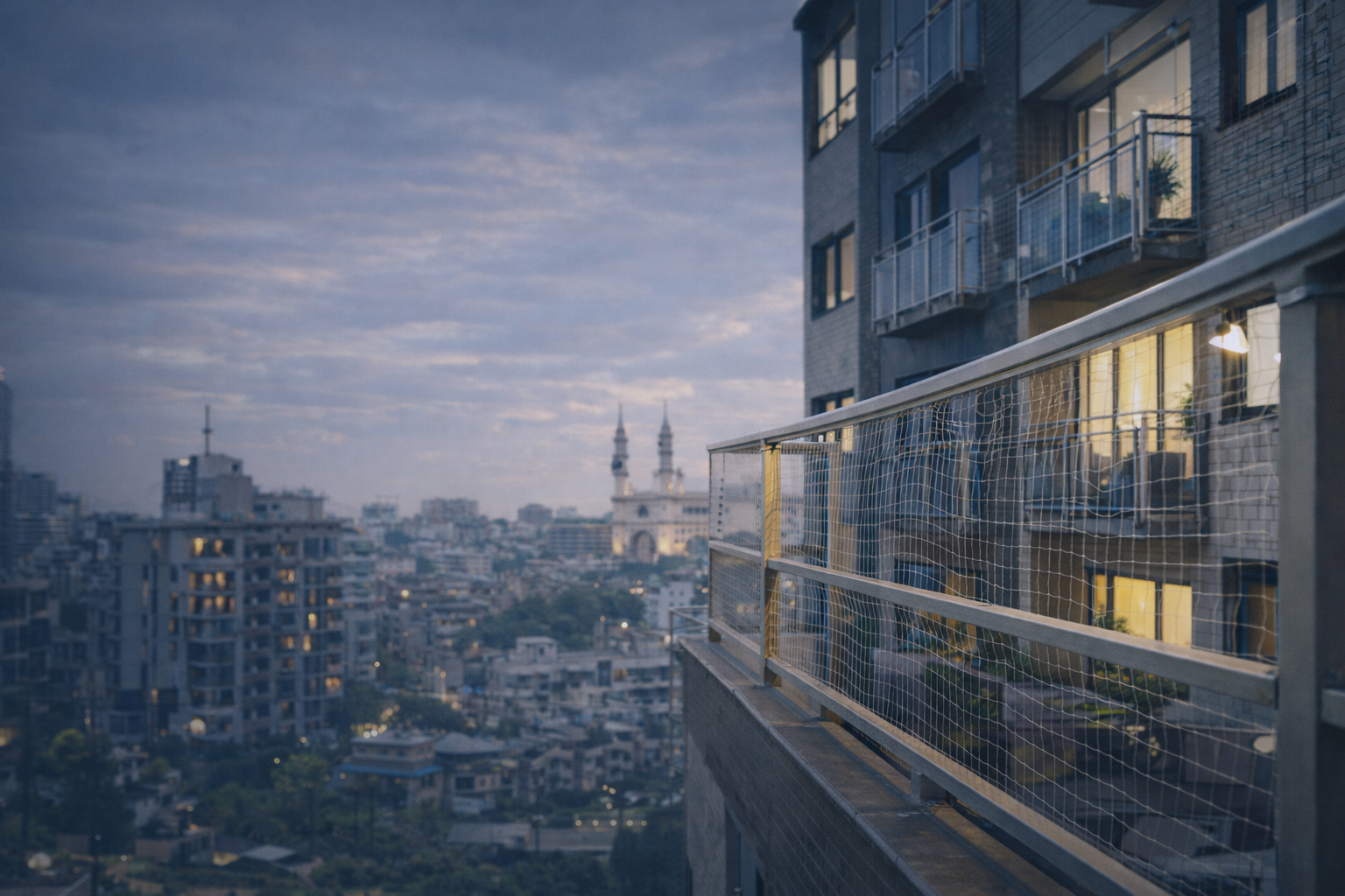Balcony safety nets installed on apartment building in Hyderabad by JNS Safety Nets
